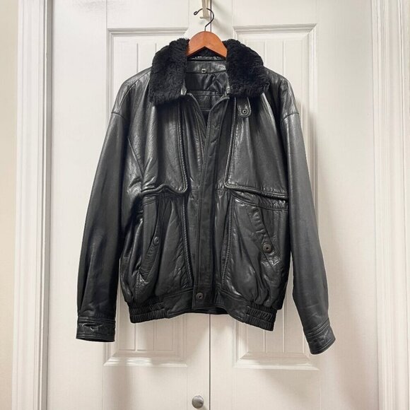 Vintage 1980s Rue Royale Leather Jacket w/ Fleece Collar  – L - Picture 1 of 14